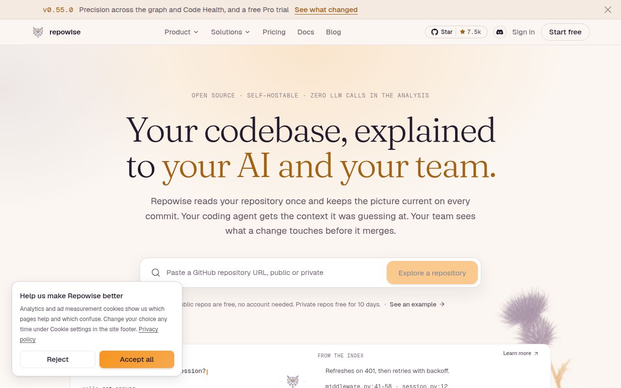 Screenshot of repowise (repowise.dev)