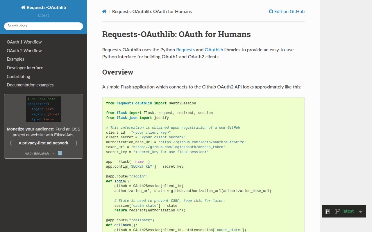 Screenshot of requests-oauthlib documentation