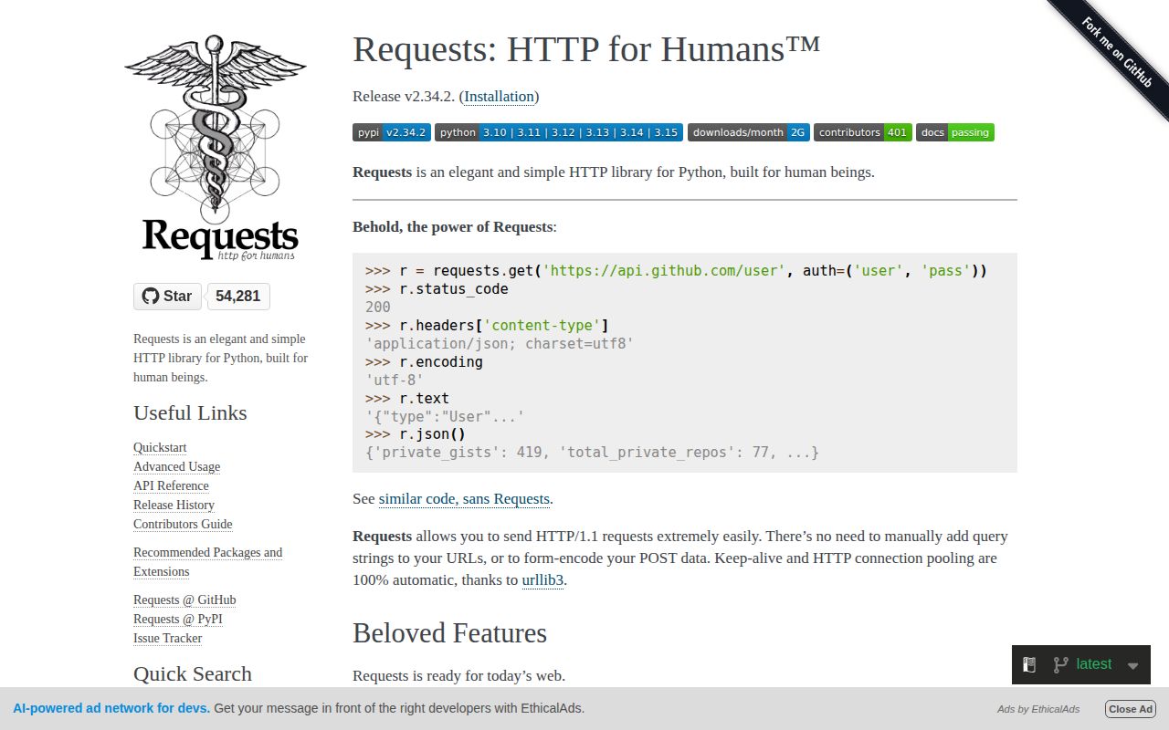 Screenshot of requests (requests.readthedocs.io/en/latest)