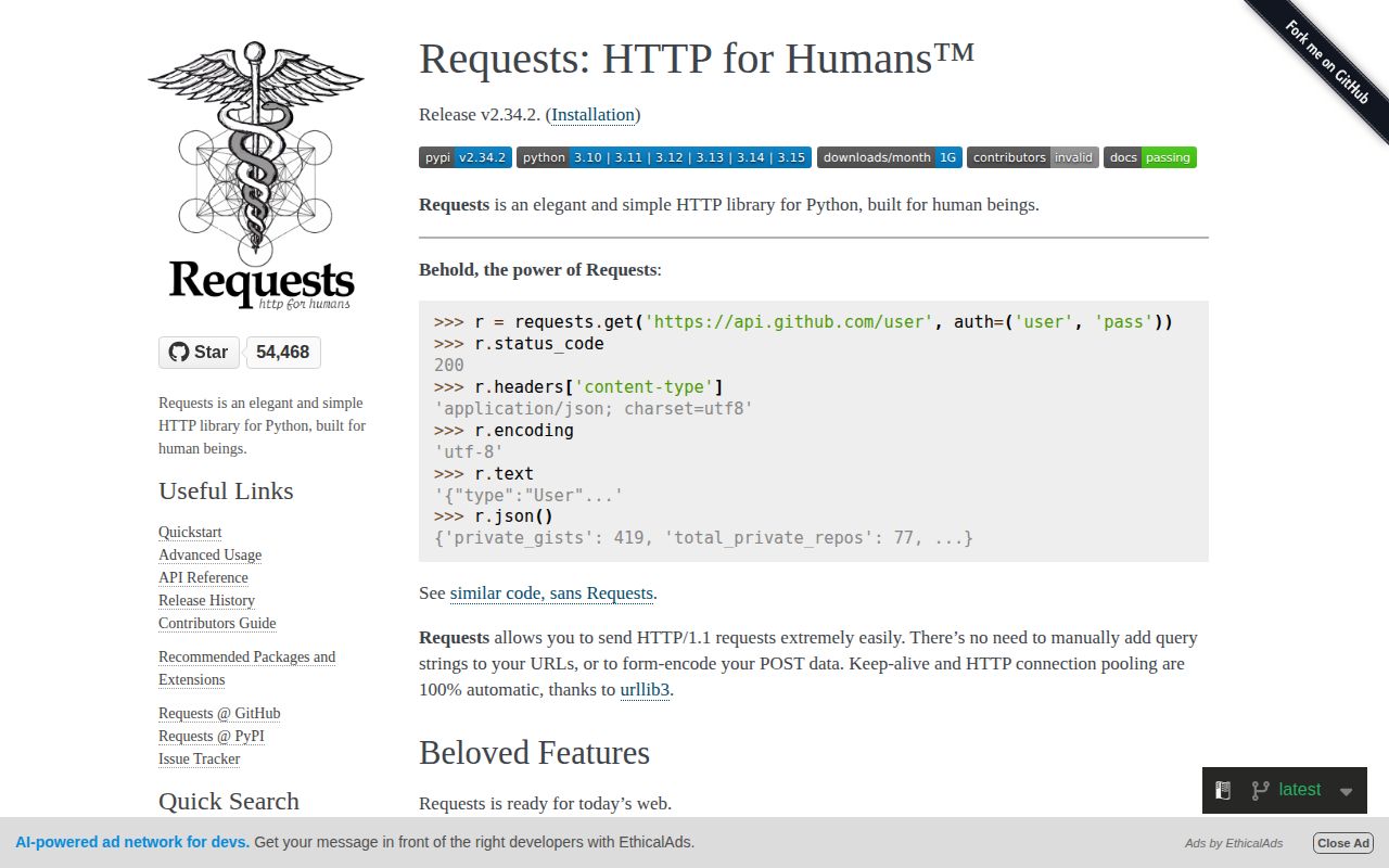 Screenshot of requests (requests.readthedocs.io/en/latest)