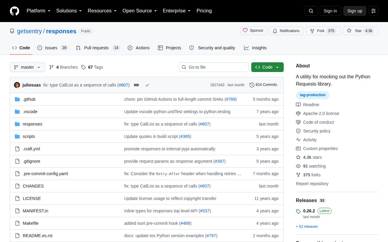 Screenshot of responses documentation