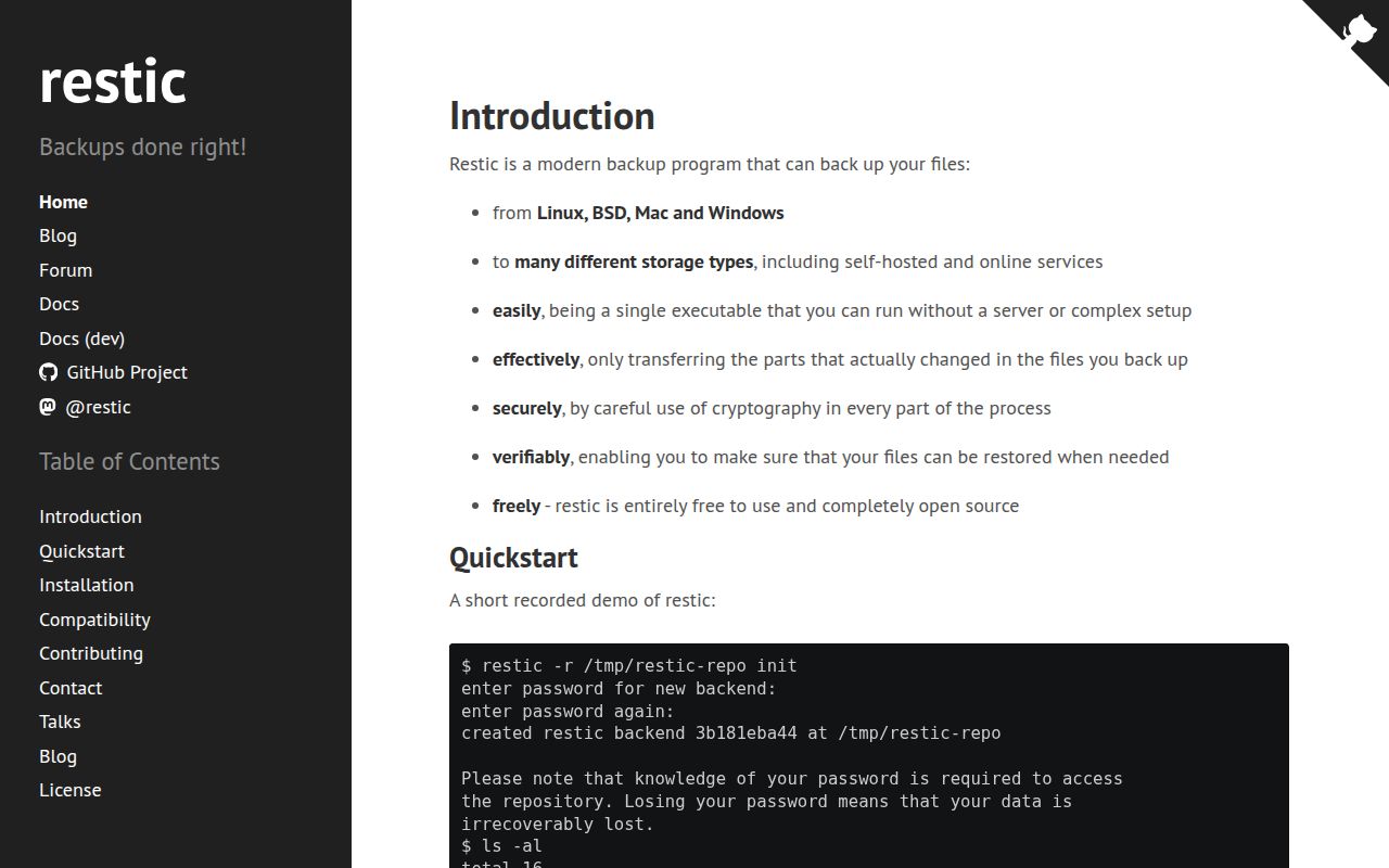 Screenshot of restic (restic.net)