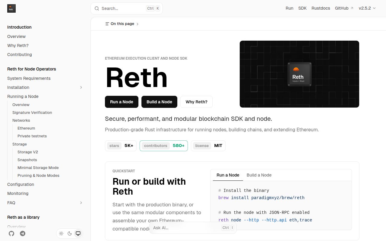 Screenshot of reth (reth.rs)