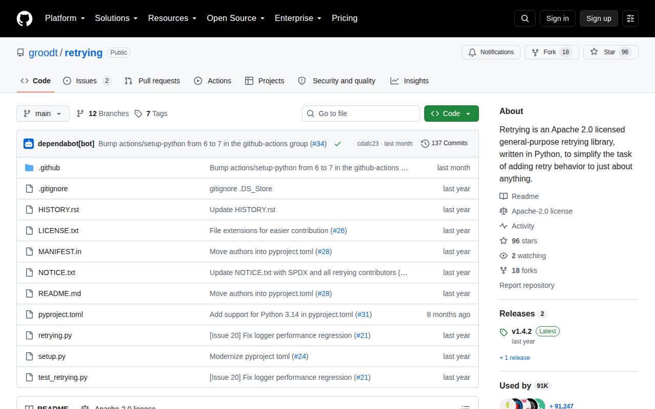 Screenshot of retrying documentation