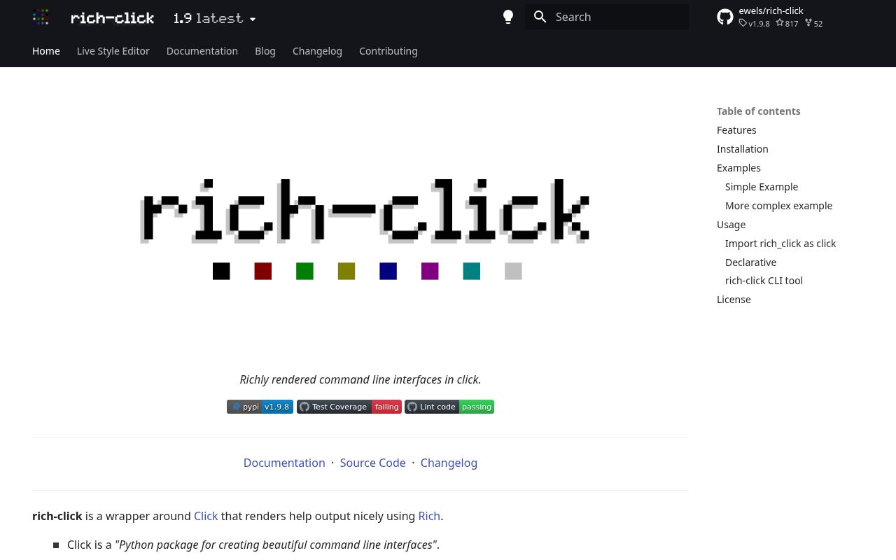 Screenshot of rich-click documentation