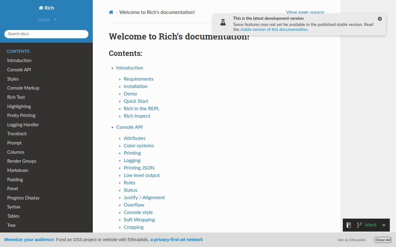 Screenshot of rich documentation