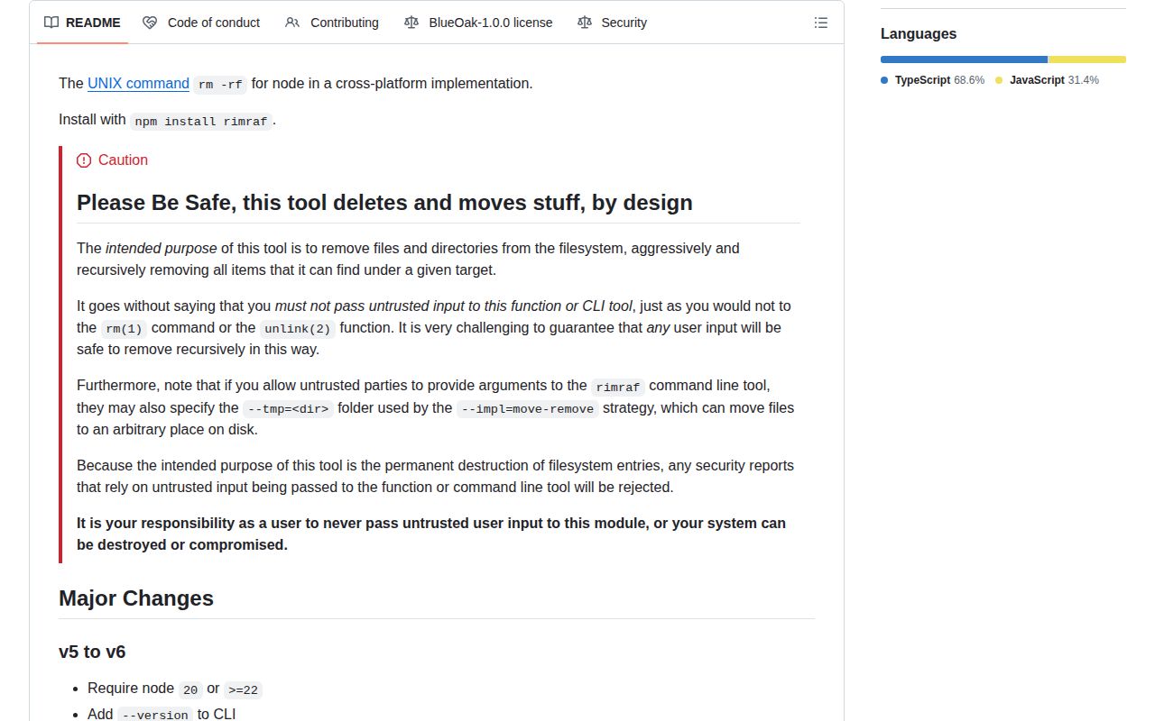 Screenshot of rimraf documentation