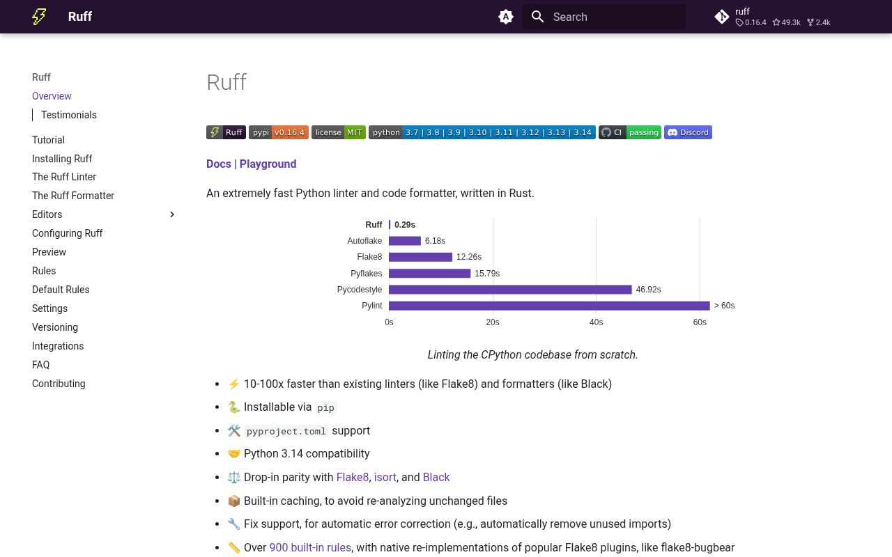 Screenshot of ruff documentation