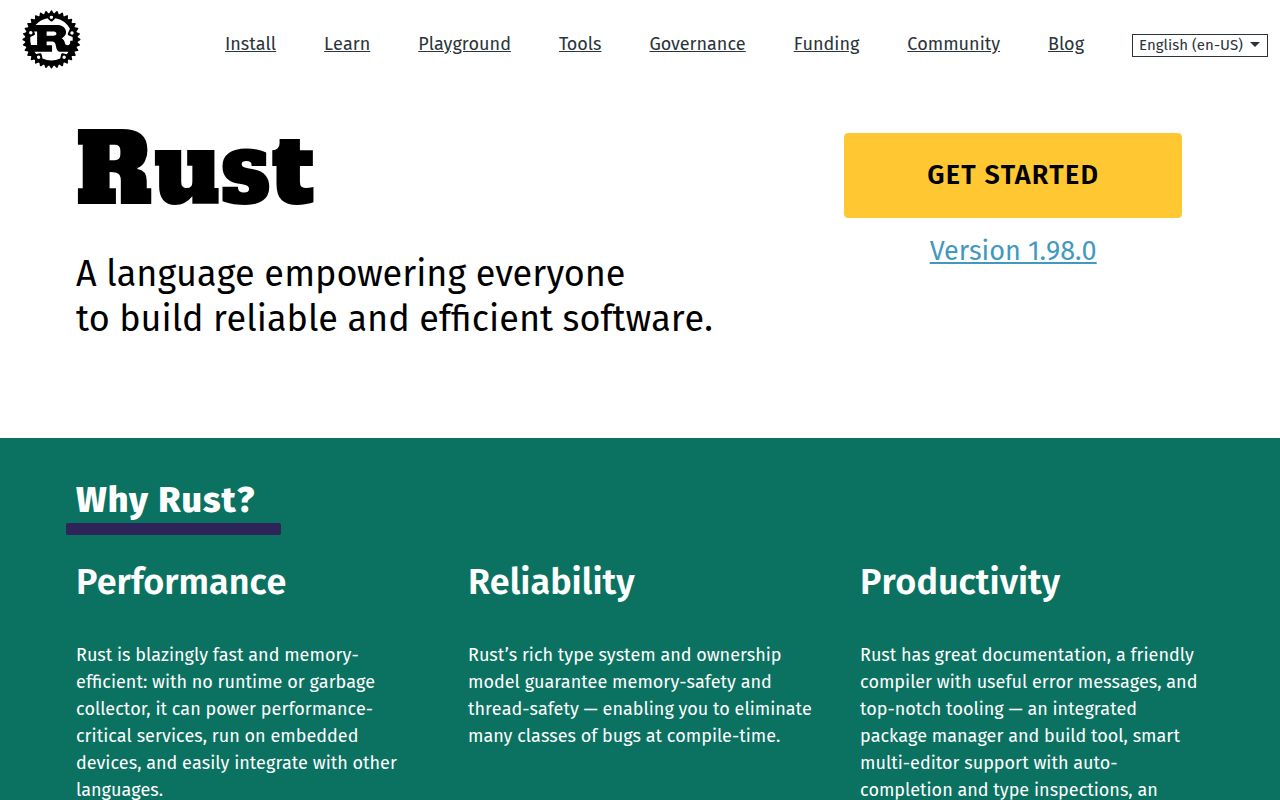 Screenshot of rust (www.rust-lang.org)