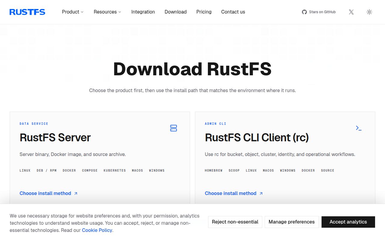 Screenshot of rustfs (rustfs.com/download)