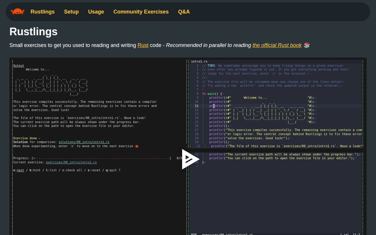 Screenshot of rustlings (rustlings.rust-lang.org)