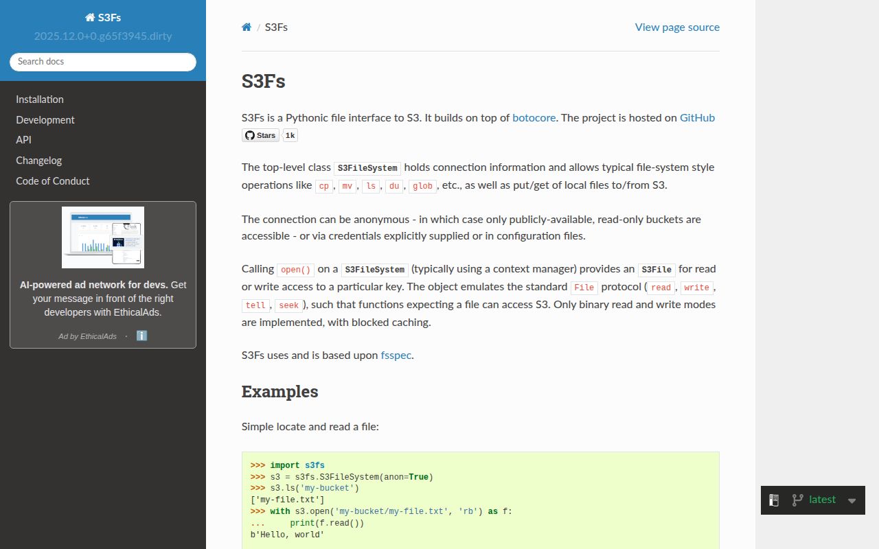 Screenshot of s3fs documentation