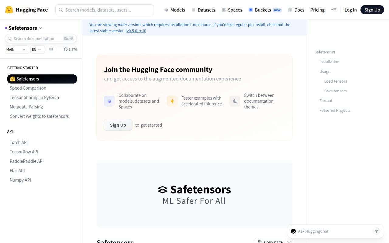 Screenshot of safetensors documentation