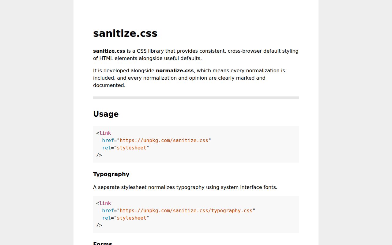 Screenshot of sanitize.css documentation