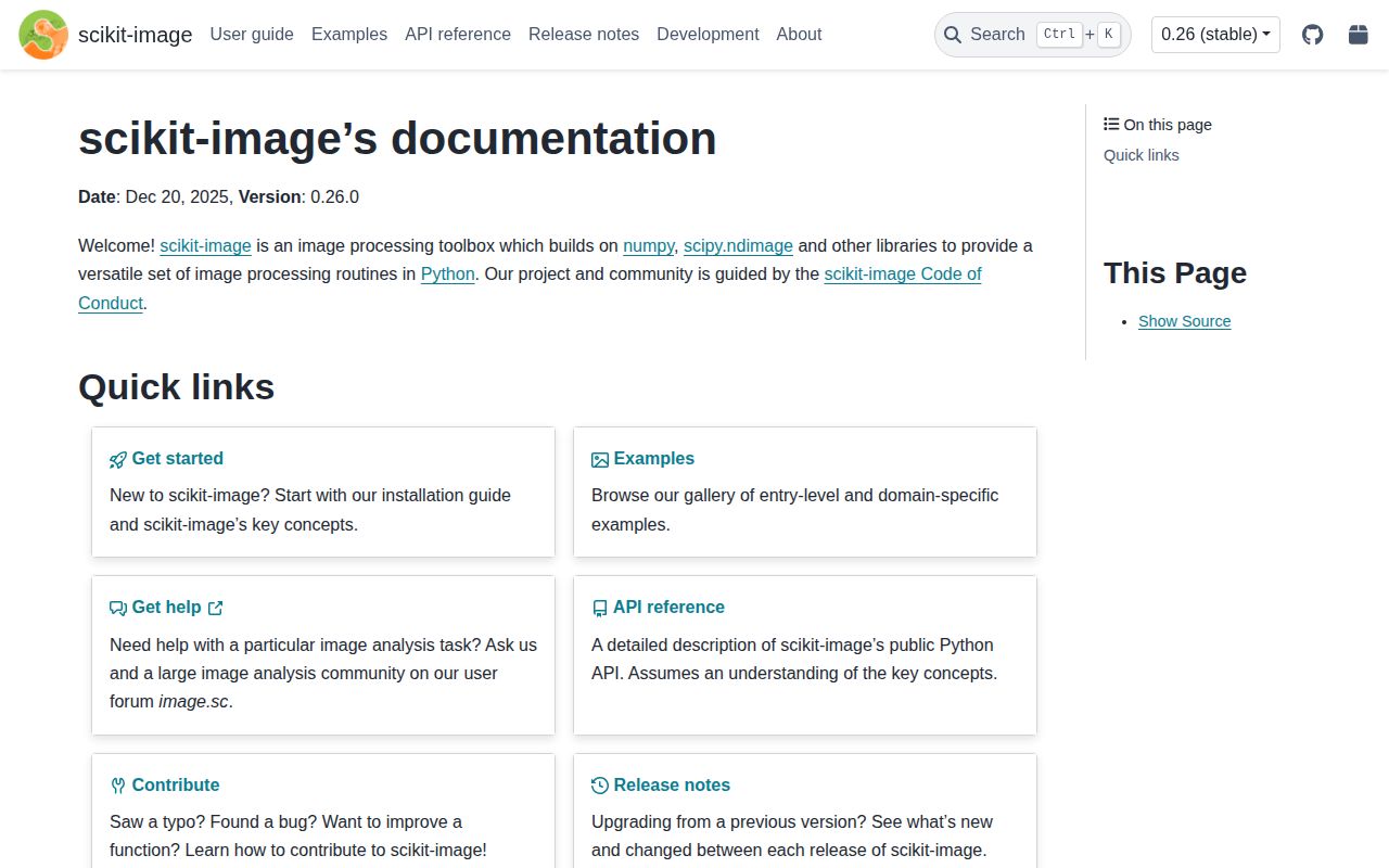 Screenshot of scikit-image documentation