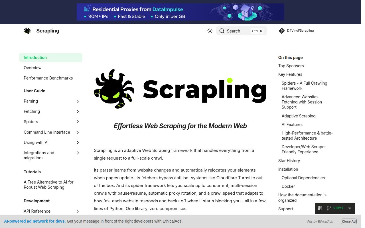 Screenshot of Scrapling (scrapling.readthedocs.io/en/latest)