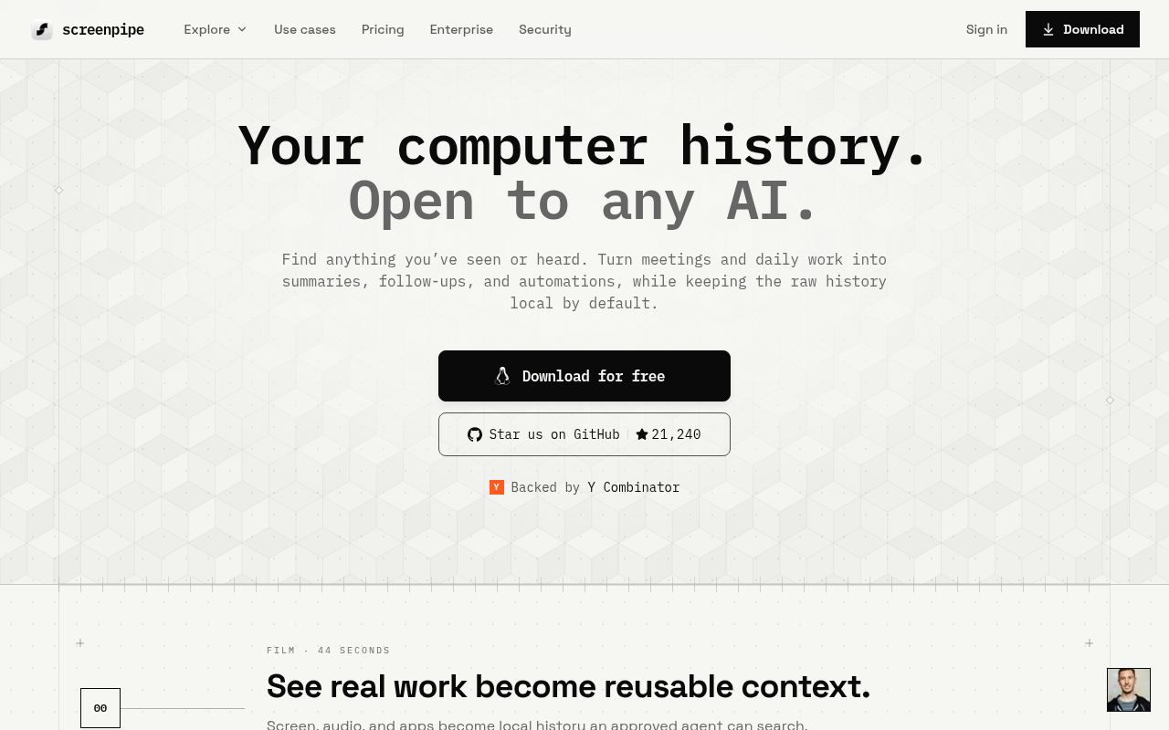 Screenshot of screenpipe (screenpipe.com)