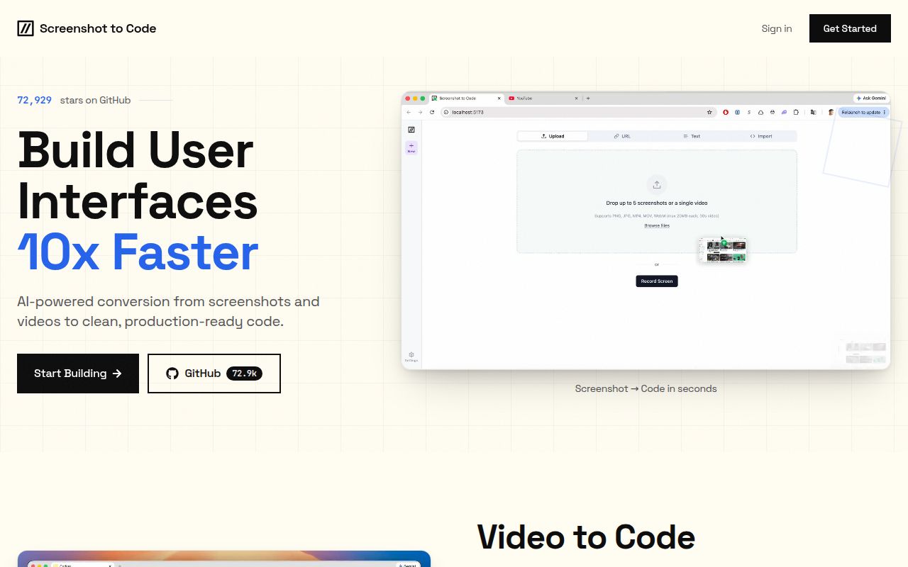 Screenshot of screenshot-to-code (screenshottocode.com)