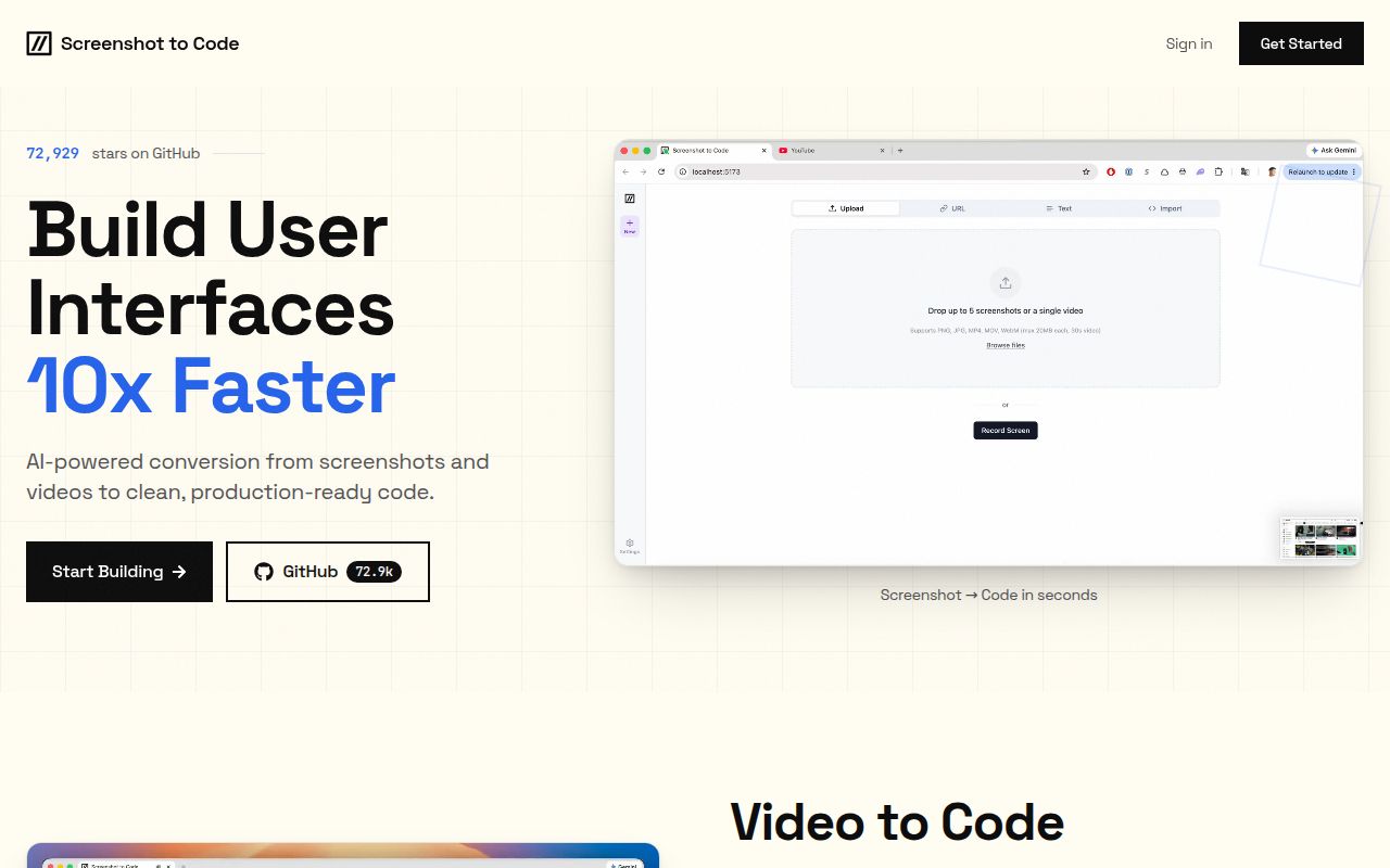 Screenshot of screenshot-to-code (screenshottocode.com)