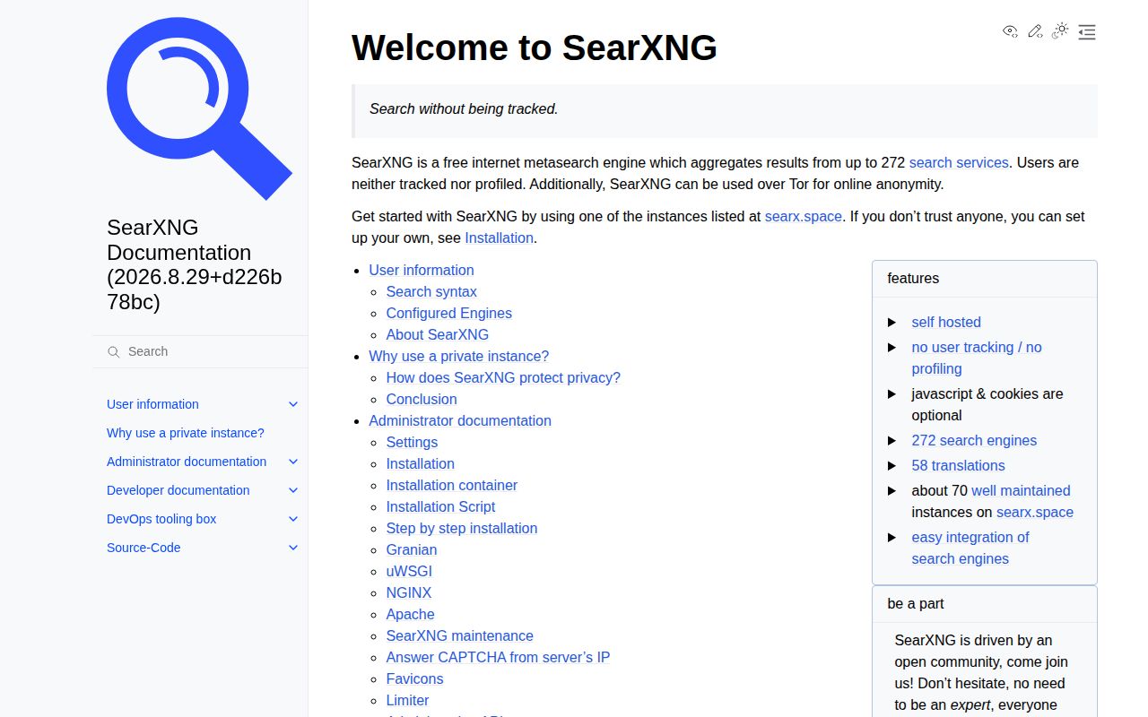 Screenshot of searxng (docs.searxng.org)