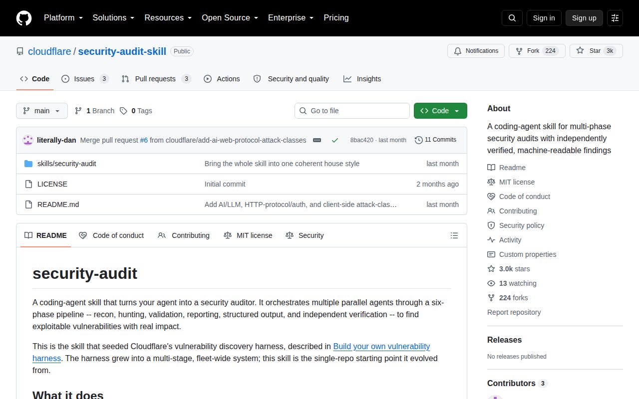 Screenshot of security-audit-skill (github.com/cloudflare/security-audit-skill)