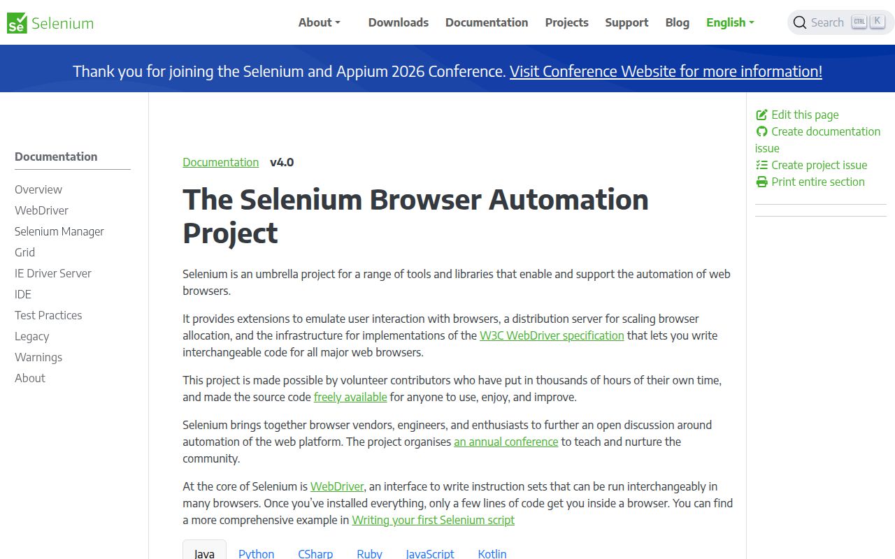 Screenshot of selenium documentation