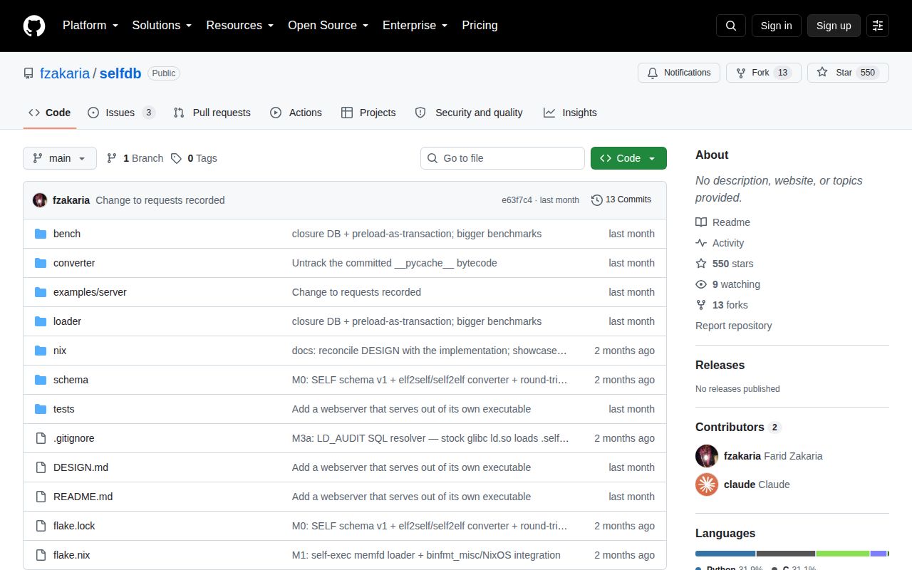 Screenshot of selfdb (github.com/fzakaria/selfdb)