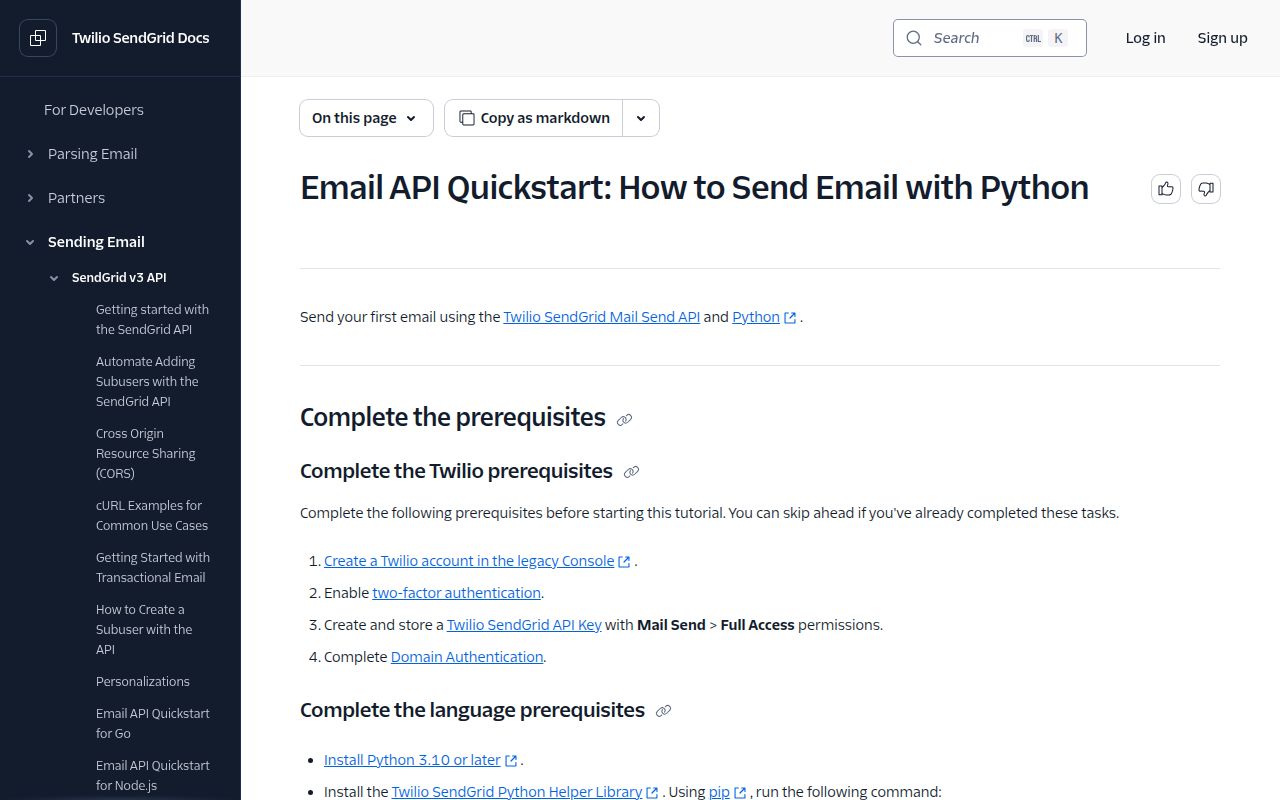Screenshot of sendgrid documentation