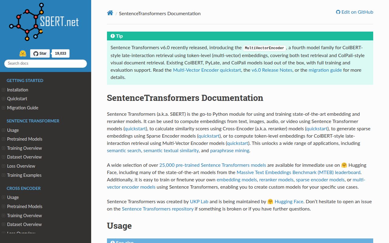Screenshot of sentence-transformers documentation