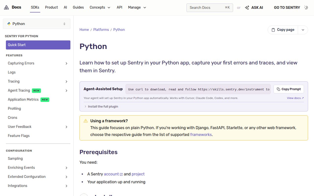 Screenshot of sentry-sdk documentation