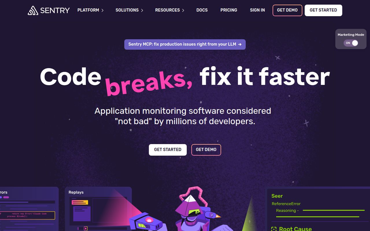 Screenshot of sentry (sentry.io)