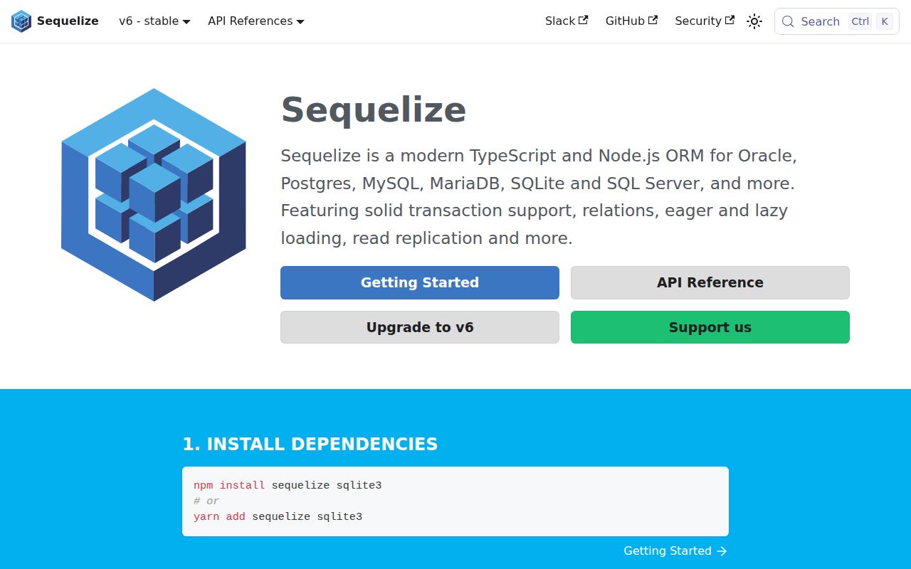 Screenshot of sequelize (sequelize.org)