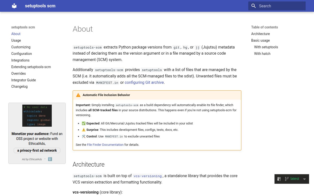 Screenshot of setuptools-scm documentation