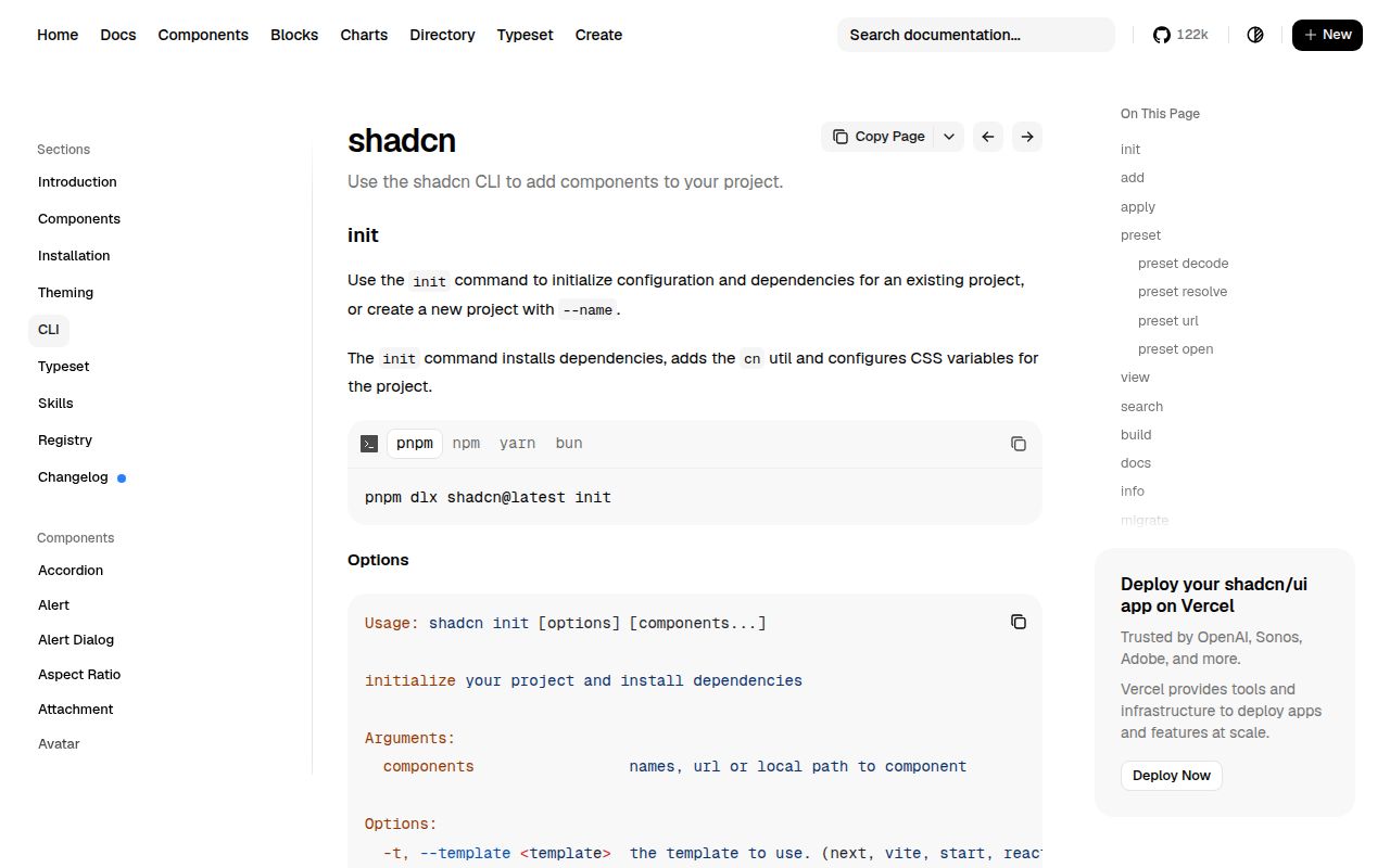 Screenshot of shadcn documentation