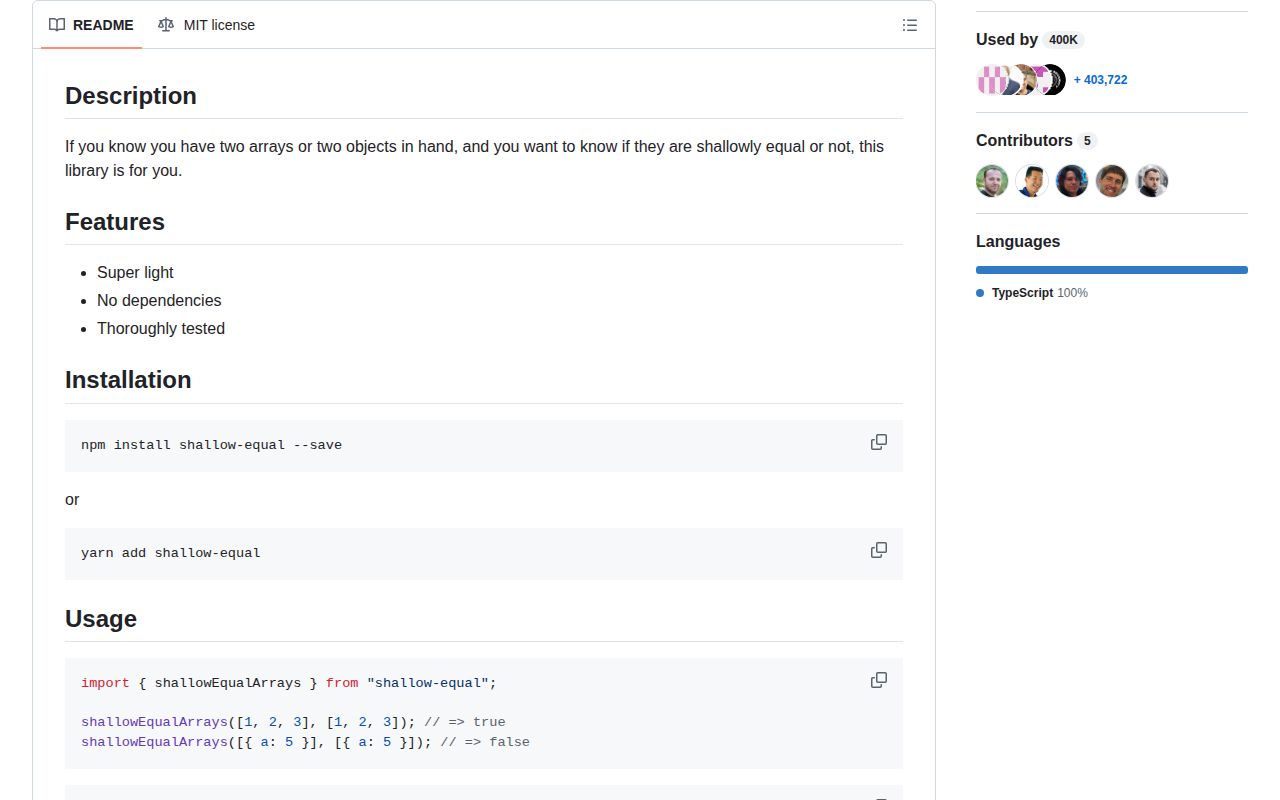 Screenshot of shallow-equal documentation