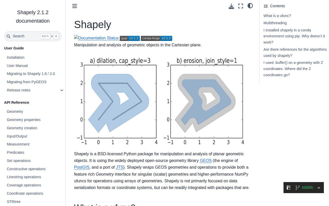 Screenshot of shapely documentation