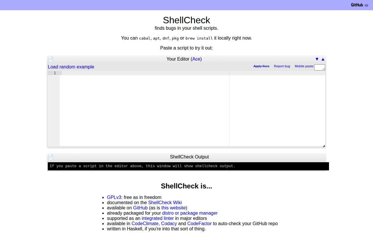 Screenshot of shellcheck (www.shellcheck.net)