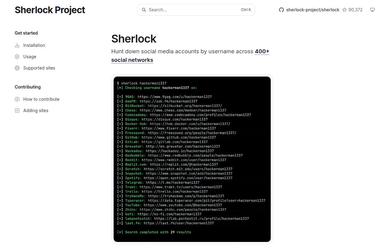 Screenshot of sherlock (sherlockproject.xyz)