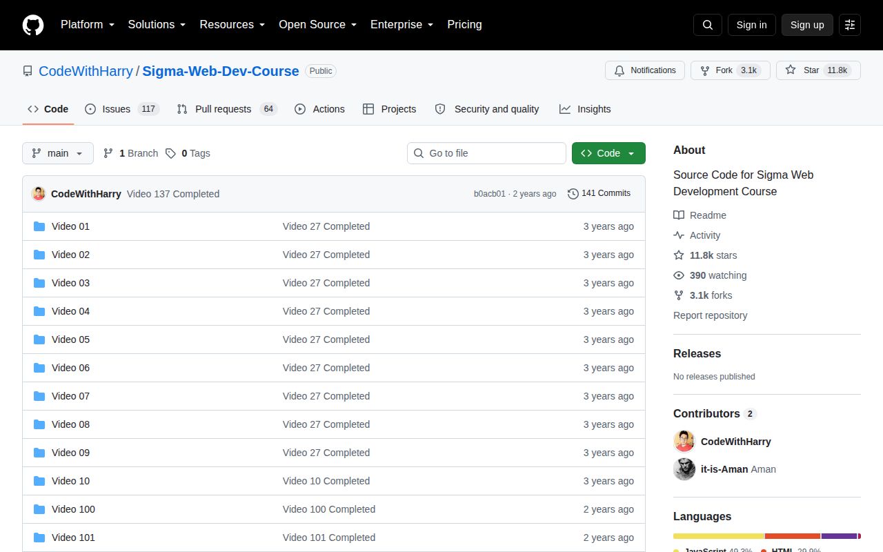 Screenshot of Sigma-Web-Dev-Course (github.com/CodeWithHarry/Sigma-Web-Dev-Course)