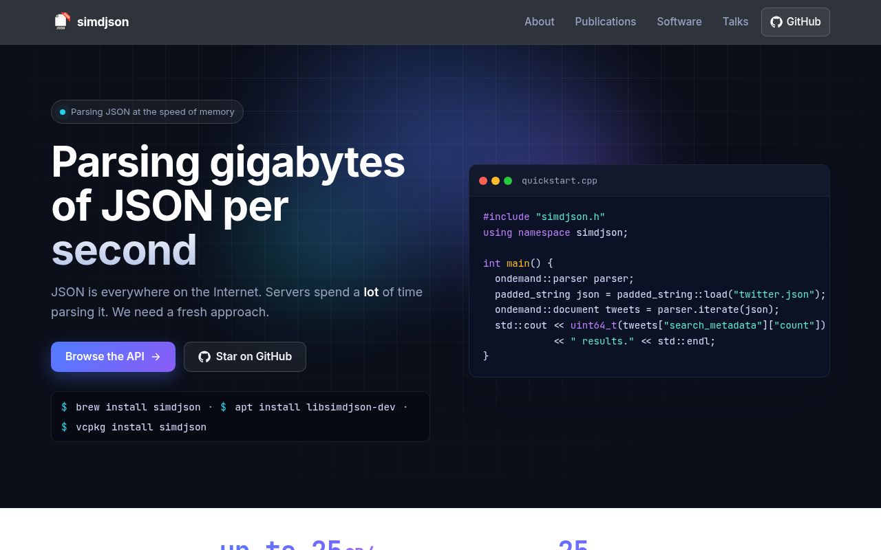 Screenshot of simdjson (simdjson.org)