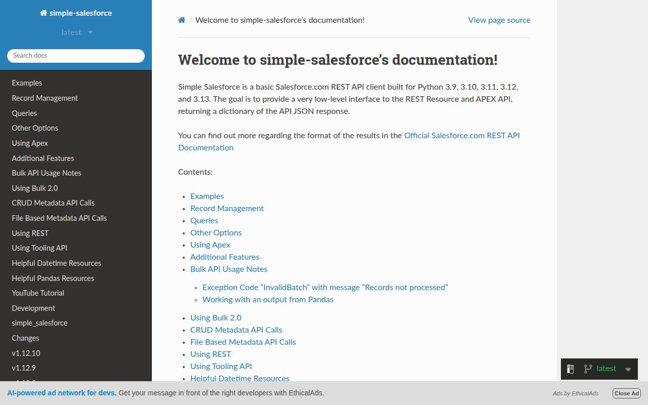 Screenshot of simple-salesforce documentation
