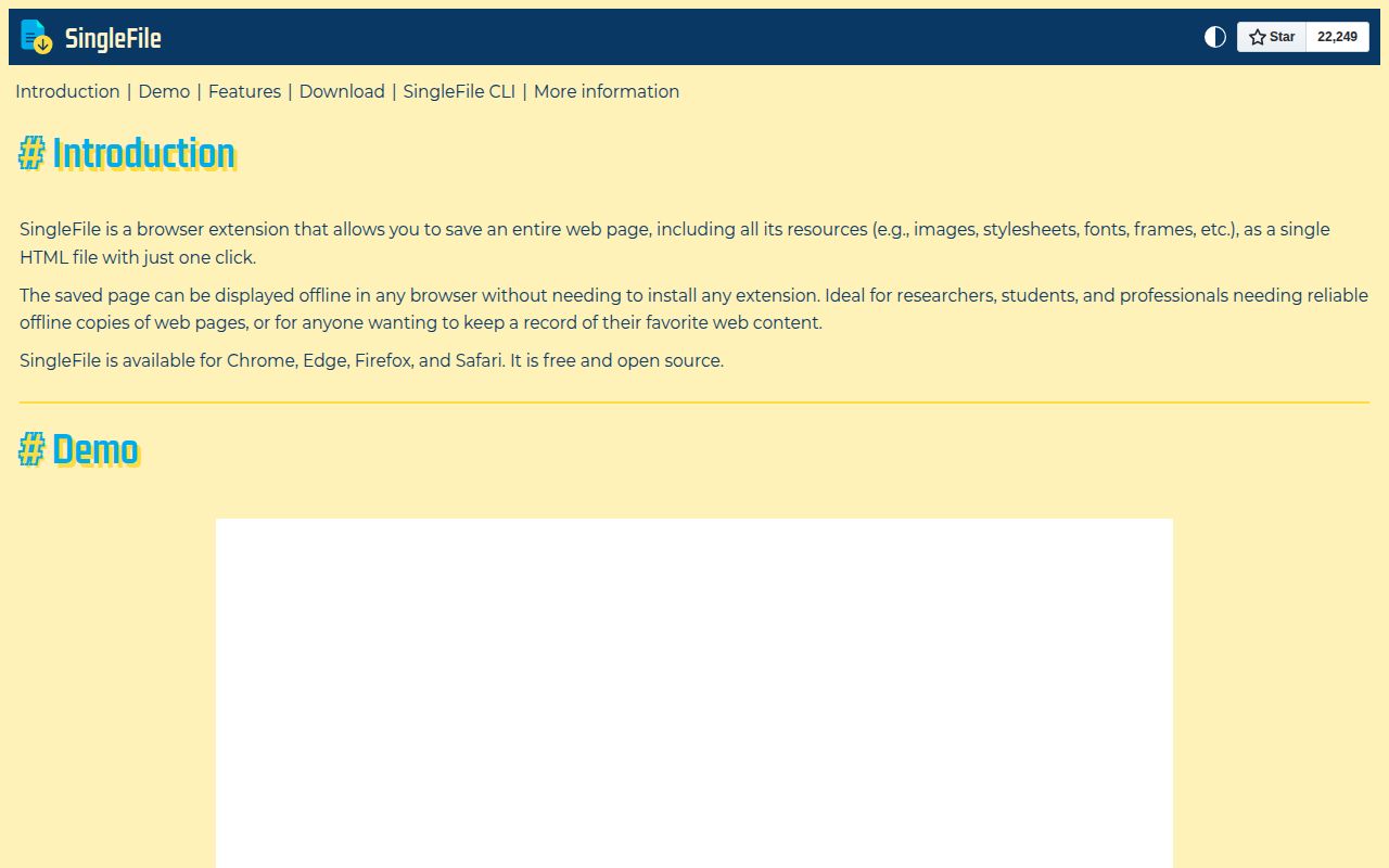 Screenshot of SingleFile (getsinglefile.com)