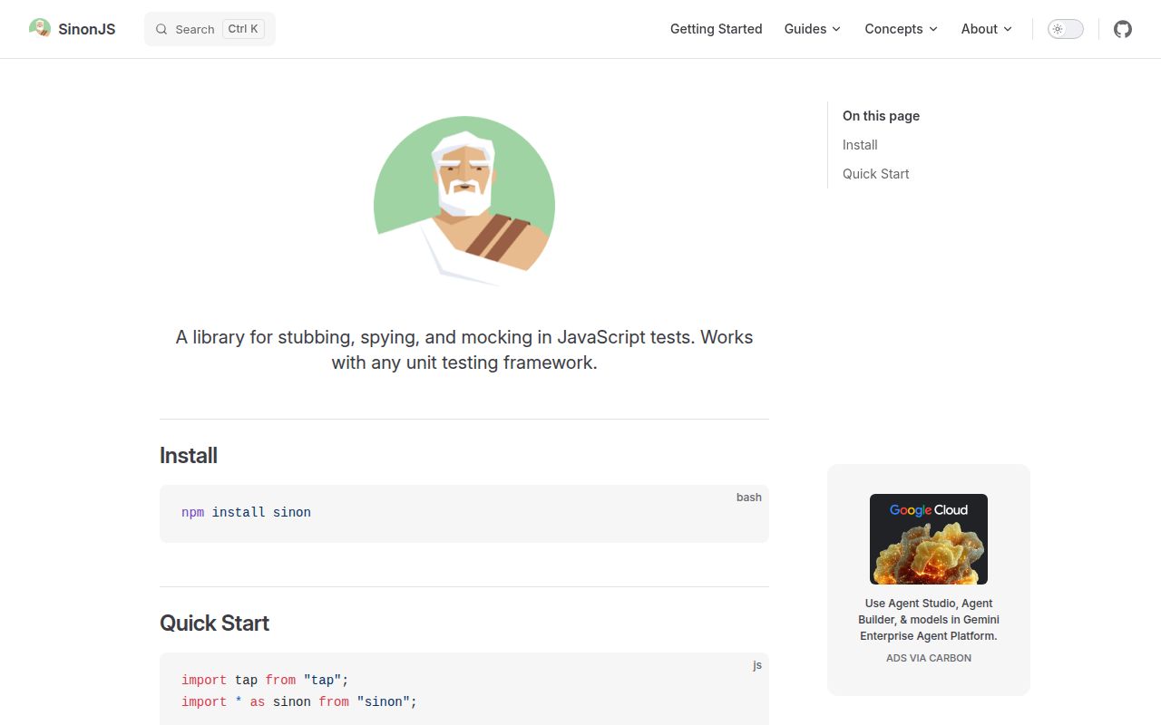 Screenshot of sinon documentation