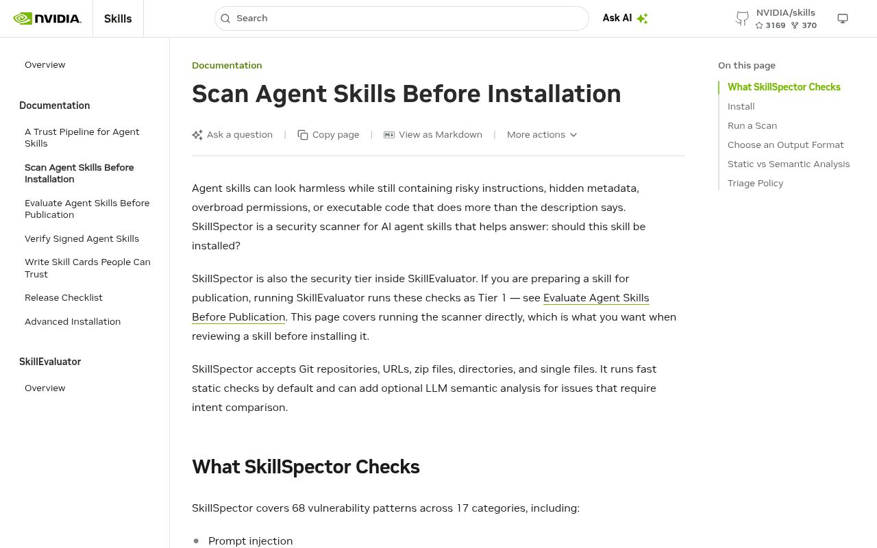 Screenshot of SkillSpector (docs.nvidia.com/skills/scanning-agent-skills)