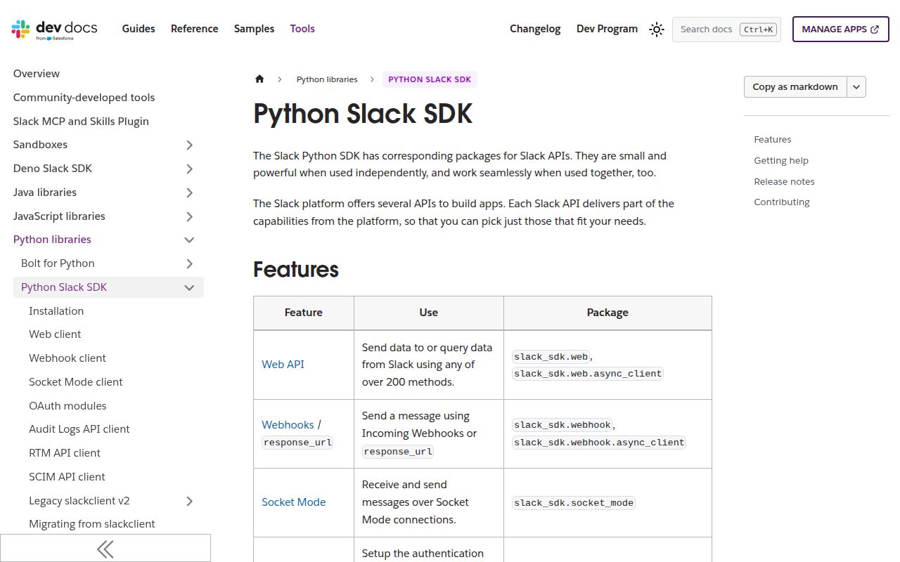 Screenshot of slack-sdk documentation