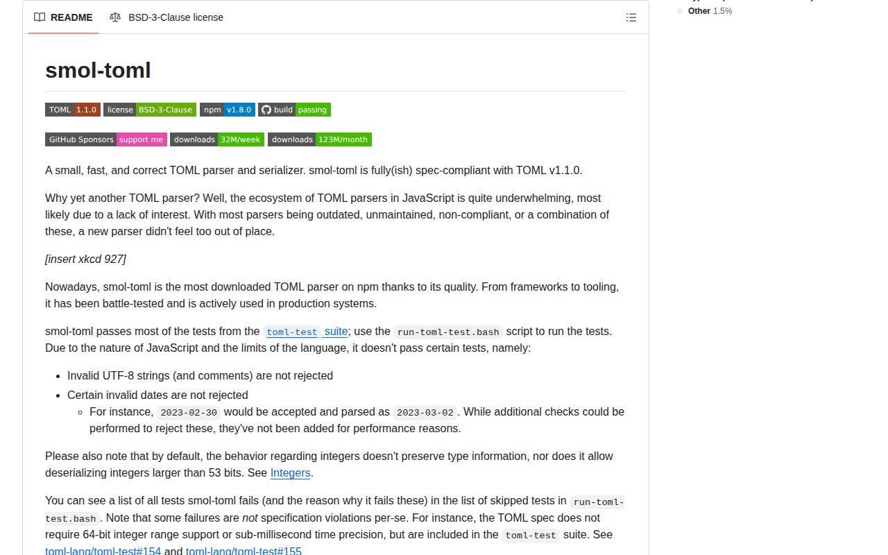 Screenshot of smol-toml documentation