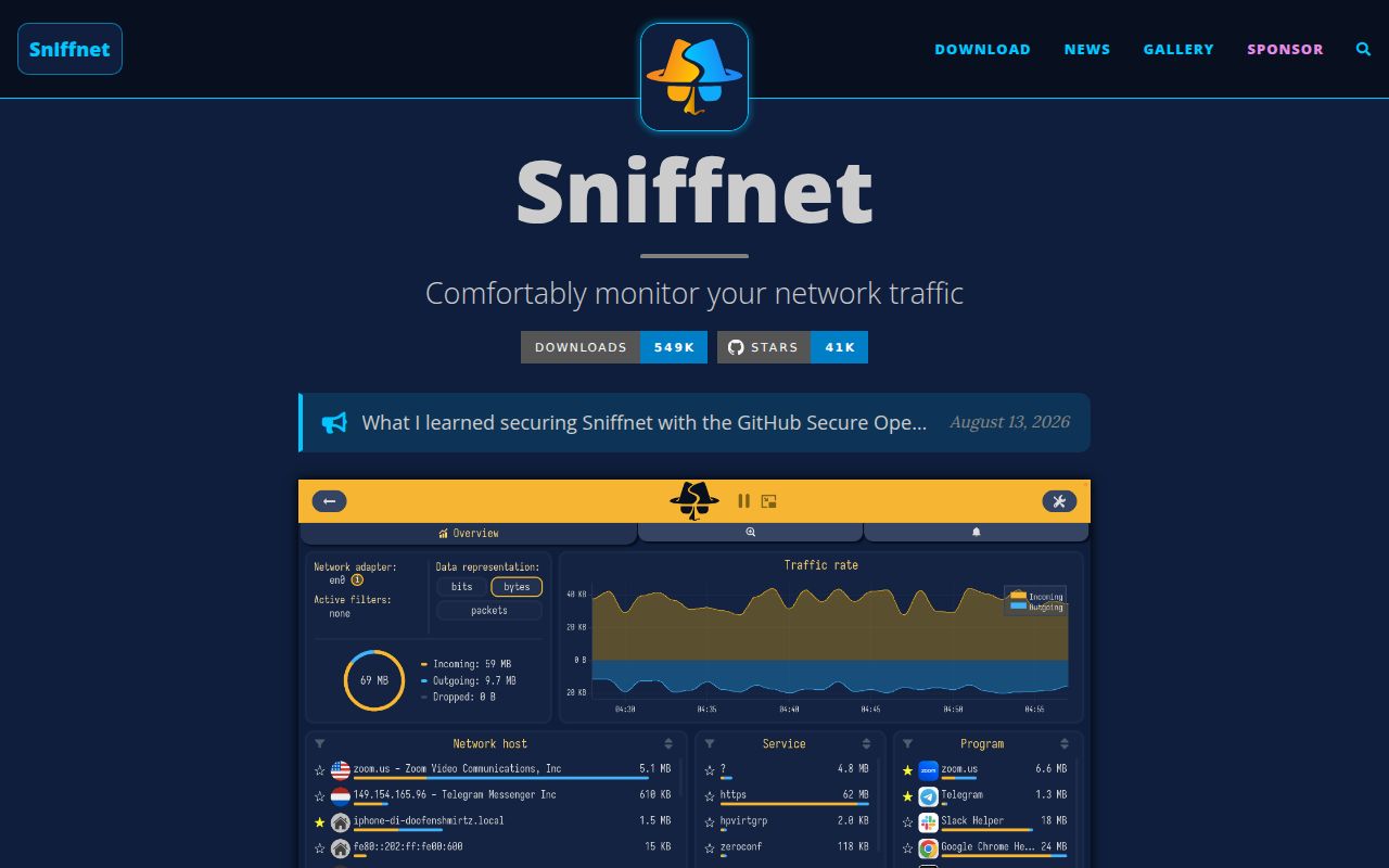 Screenshot of sniffnet (sniffnet.app)