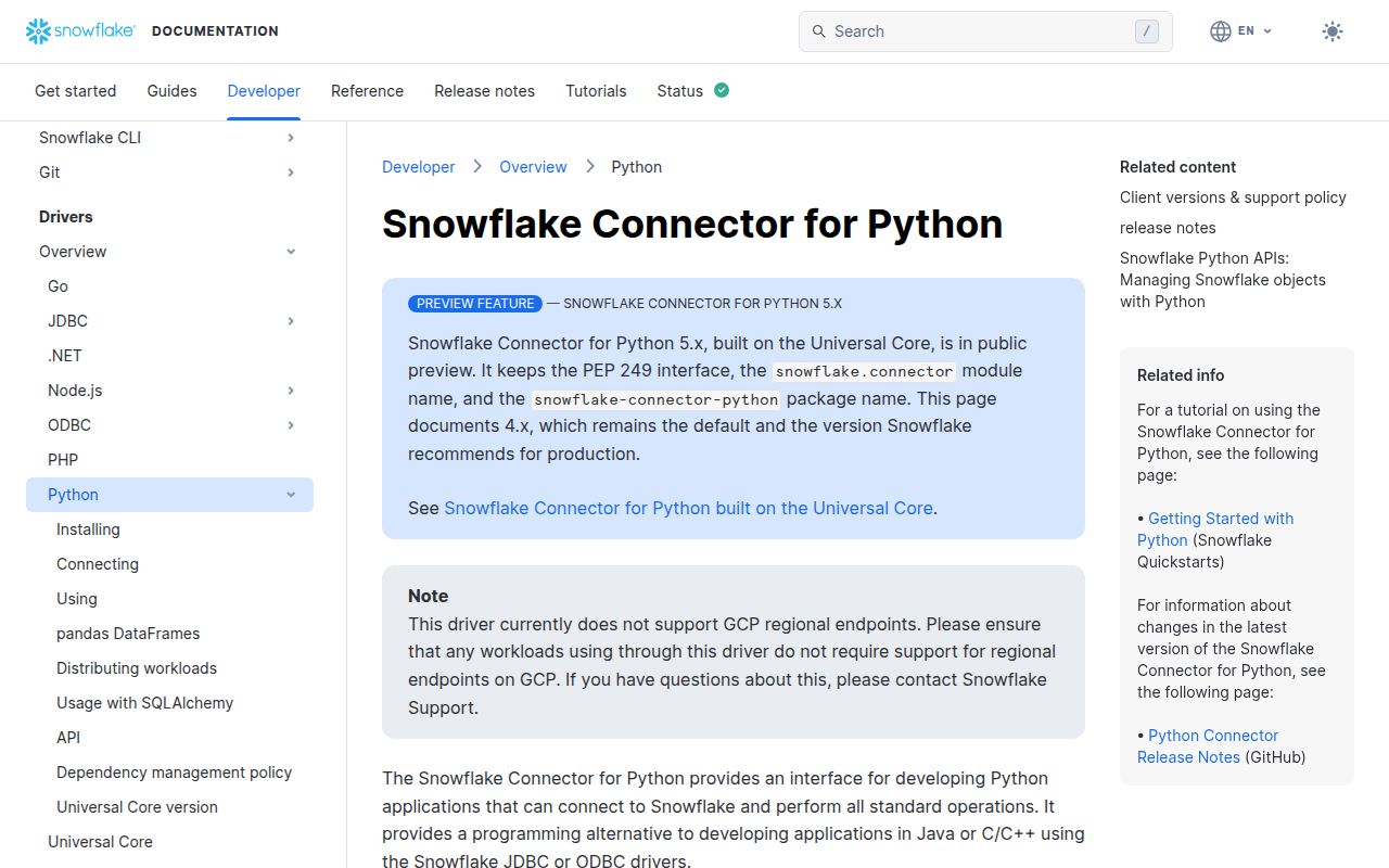 Screenshot of snowflake-connector-python documentation