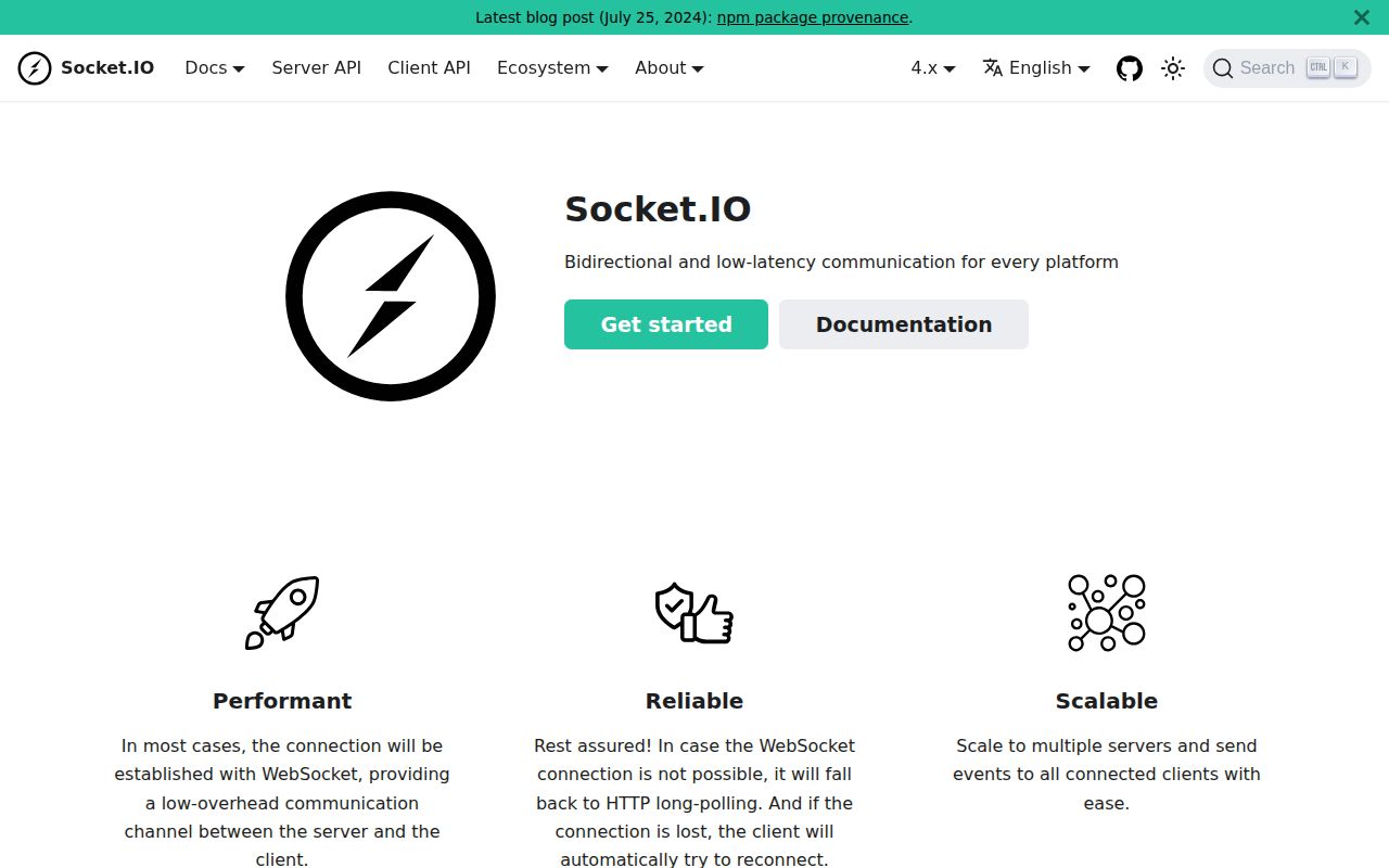 Screenshot of socket.io documentation