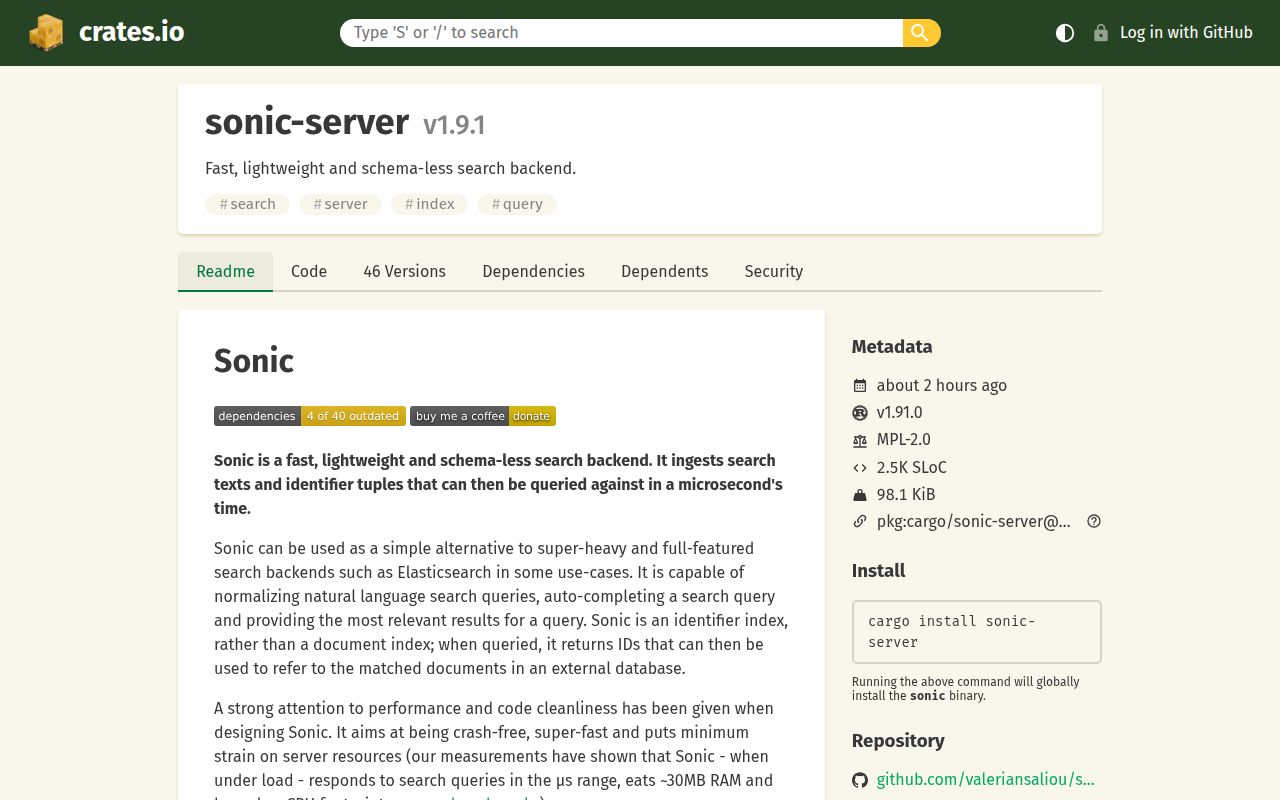Screenshot of sonic (crates.io/crates/sonic-server)